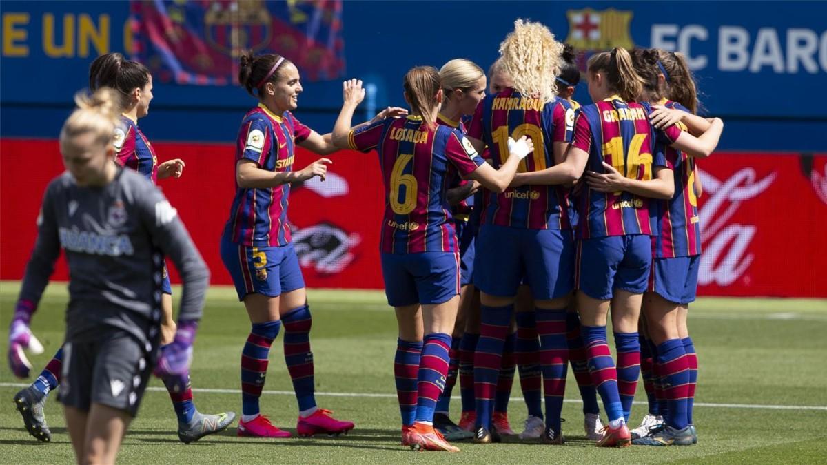 Jugadoras del Barça celebrando un gol