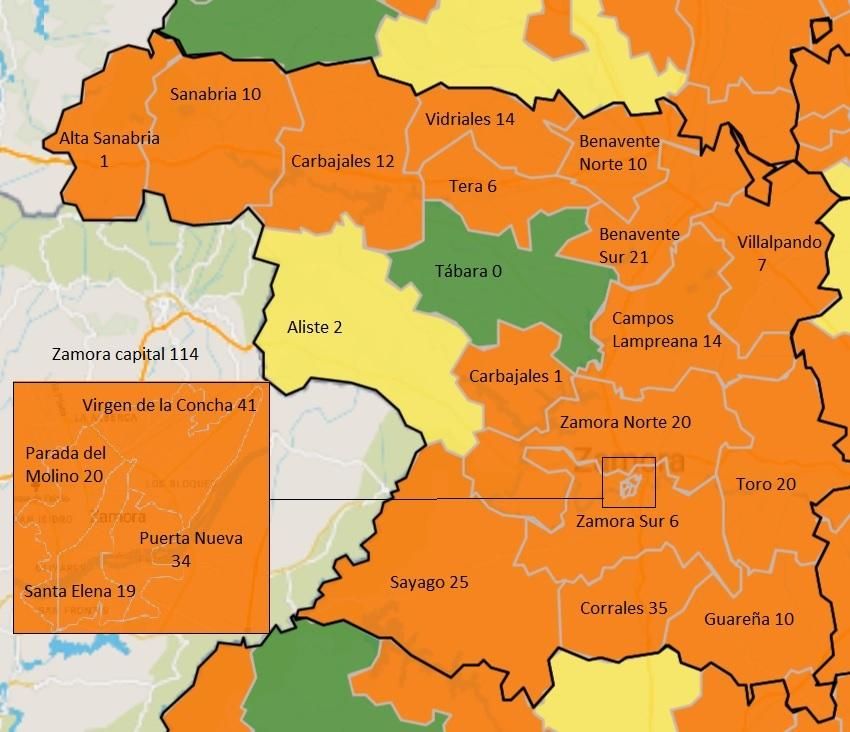Mapa de contagios COVID en la última semana, por zonas básicas de salud