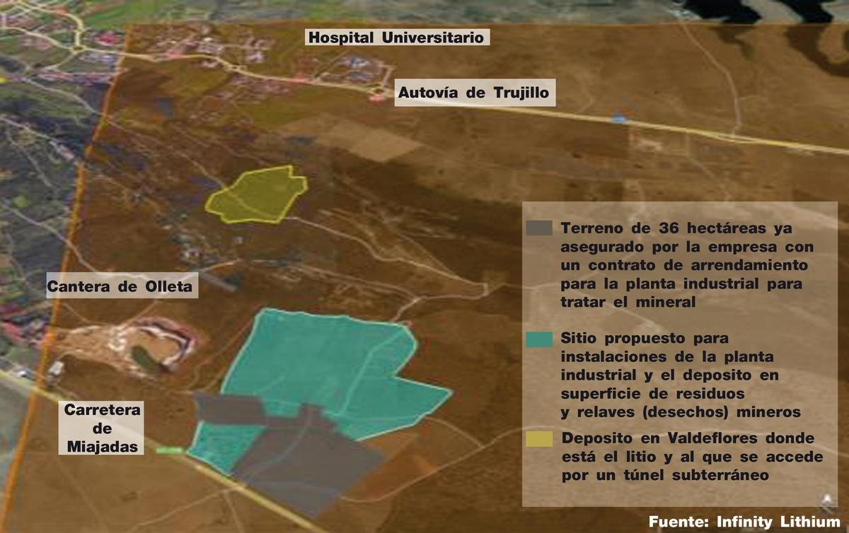 Los terrenos donde se proyecta la planta industrial, el depósito de residuos y las instalaciones anexas, según un plano difundido por Infinity Lithium.