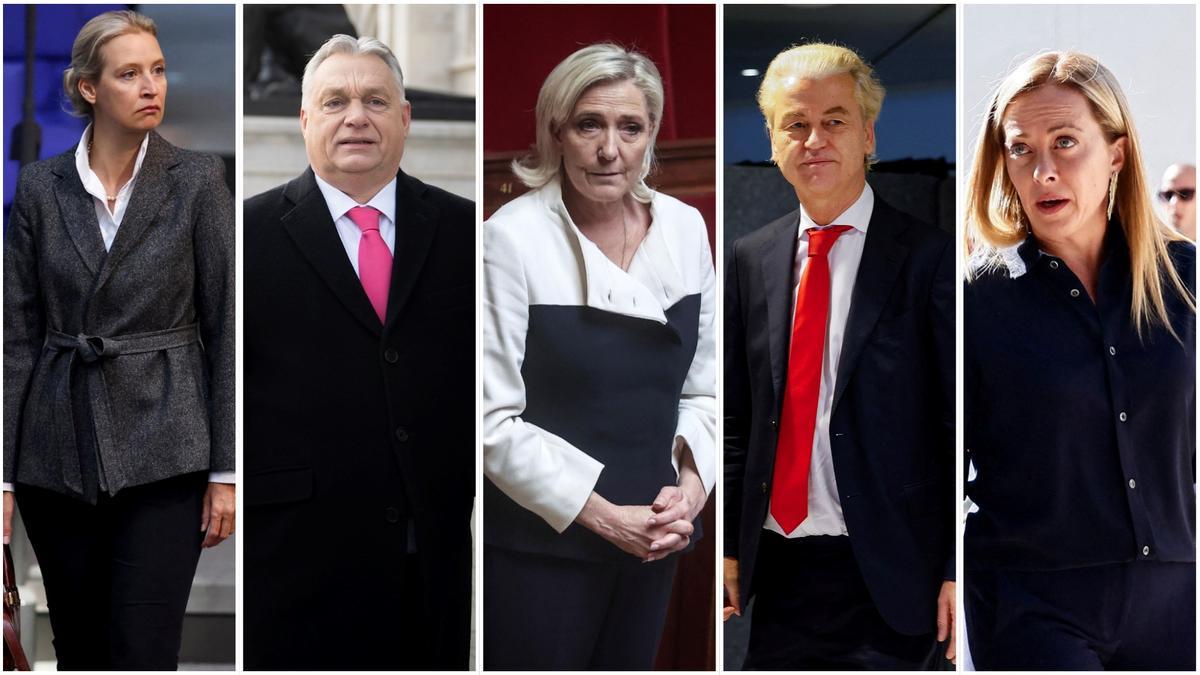 combo de cinco líderes de la extrema derecha europea: Giorgia Meloni, Viktor Orbán, Marine Le Pen, Geert Wilders y Alice Weidel