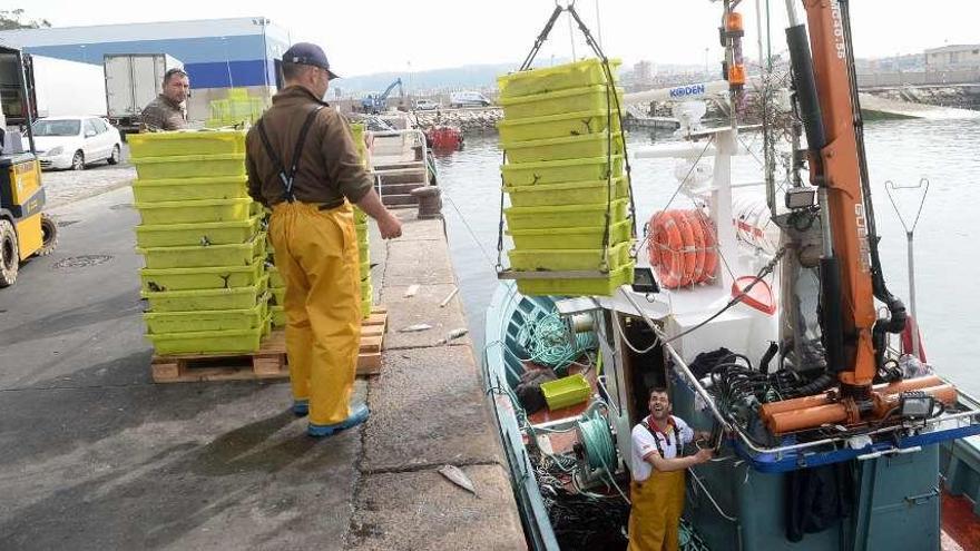 Unos pescadores descargan sus capturas en el puerto de Tragove, en Cambados. // Noe Parga