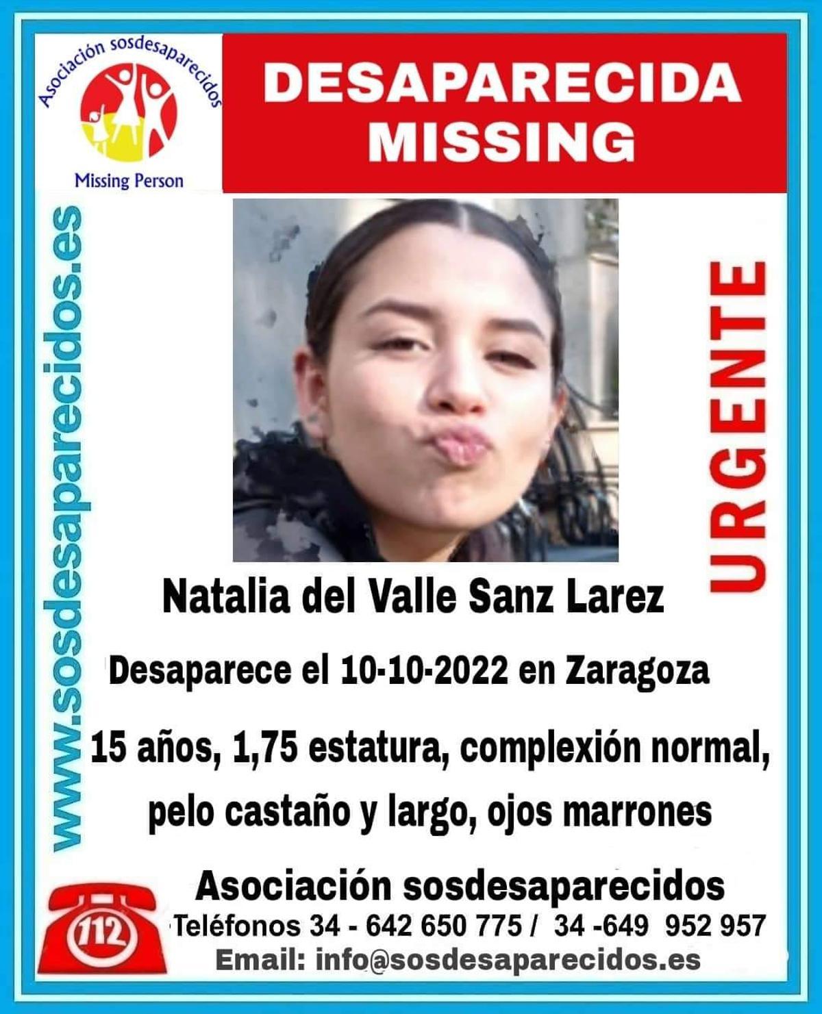 Cartel de SOS Desaparecidos para intentar ayudar en la localización de Natalia del Valle Sanz Larez