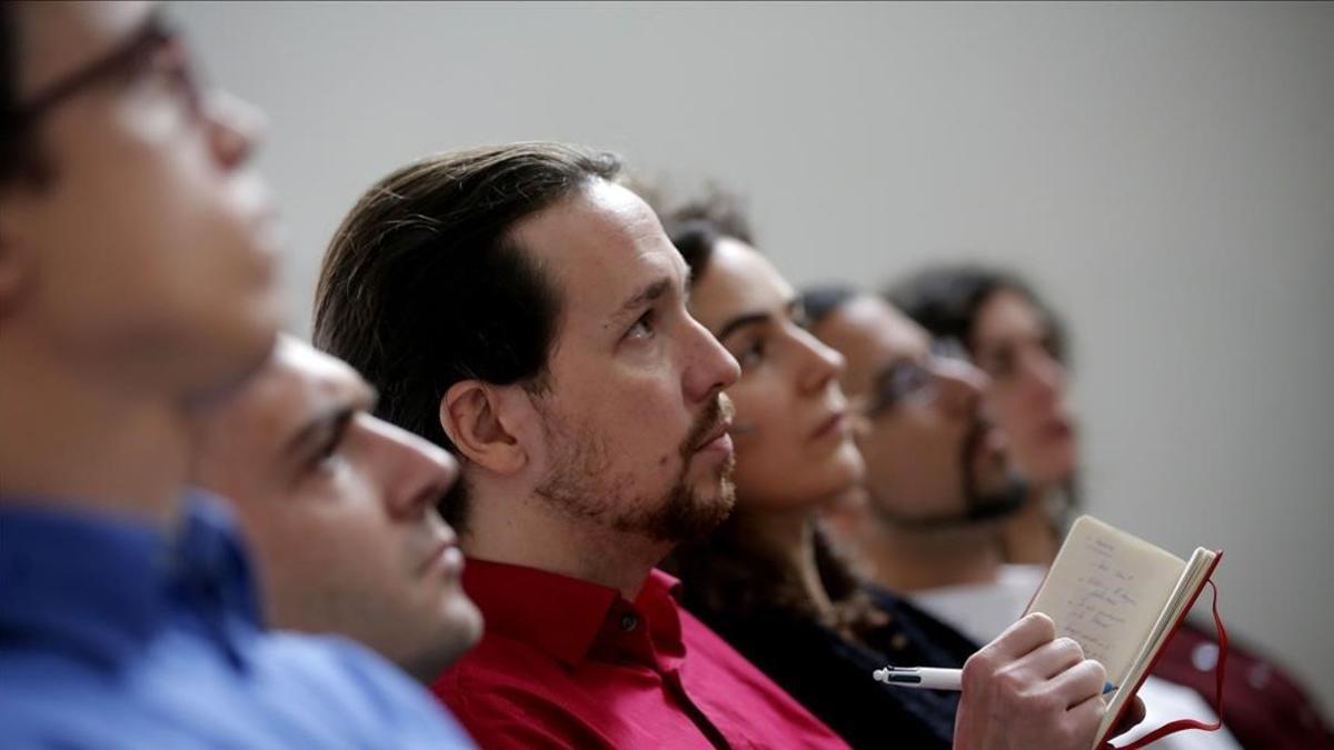 Errejón, Alegre, Iglesias y Pascual en una rueda de prensa, en enero de 2015.