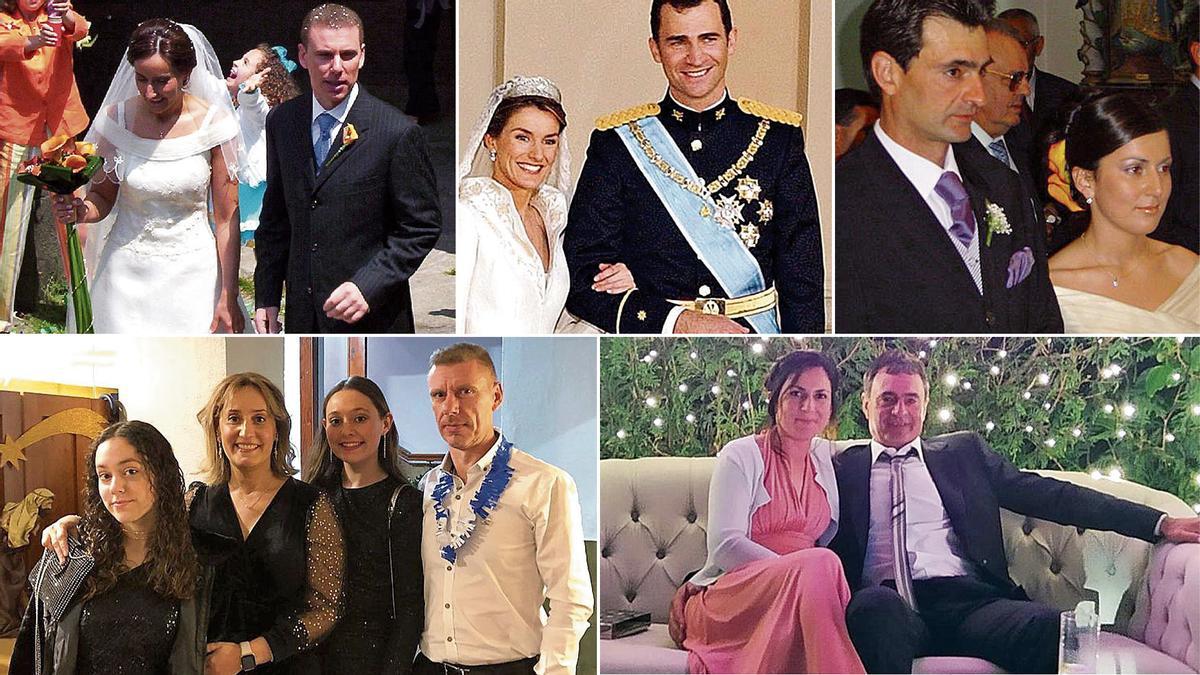 De izquierda a derecha, las fotografías de boda de hace veinte años de Isabel Díaz y Gerardo Martínez; los Reyes; y Darío Infanzón y Noelia García; debajo, Isabel Díaz y Gerardo Martínez, en la actualidad, con sus hijas, Miryam y Ainhoa; y Noelia y Darío.