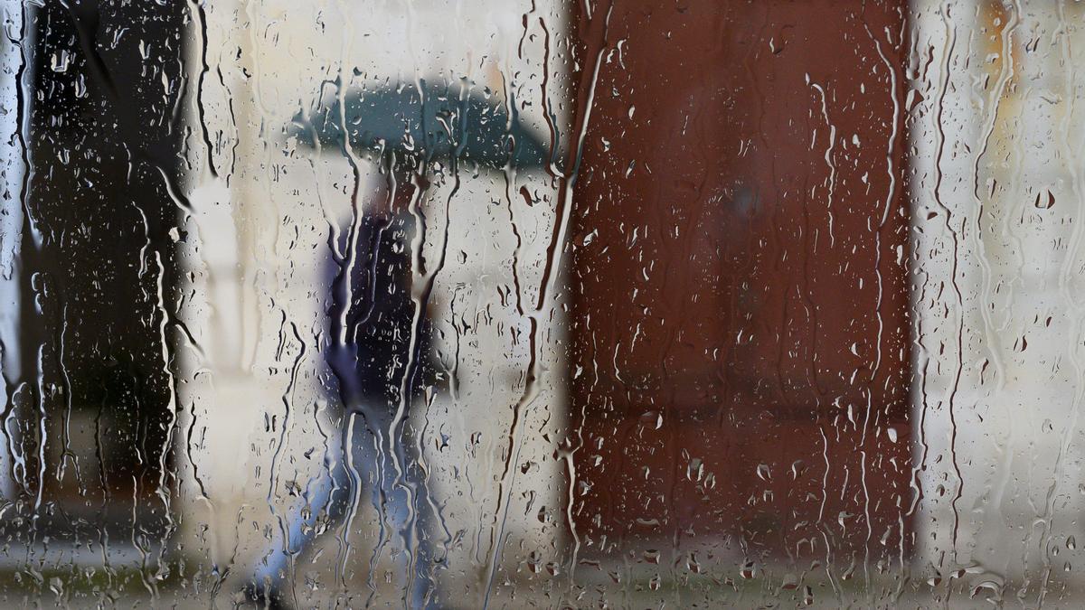 Una persona pasea baja la lluvia con un paraguas.