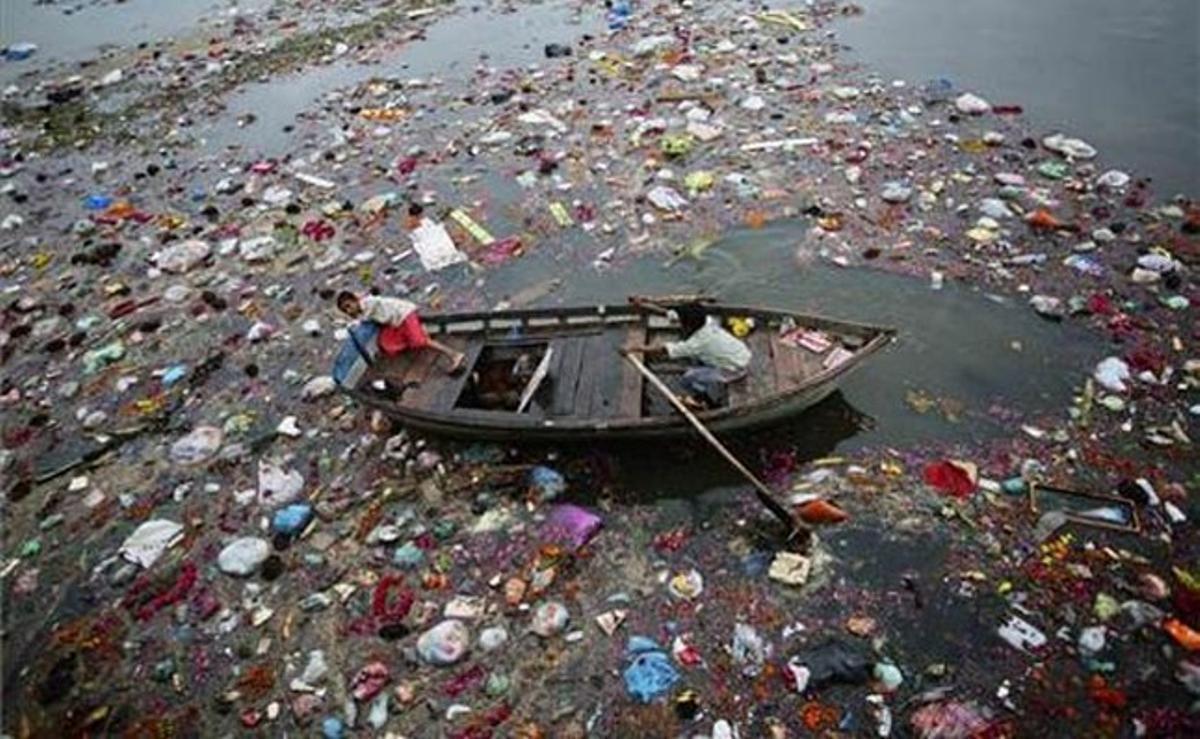 Dos nens recullen els cocos que van ser llançats pels fidels durant les ofrenes al déu elefant Ganesh a Ahmadabad (Índia).