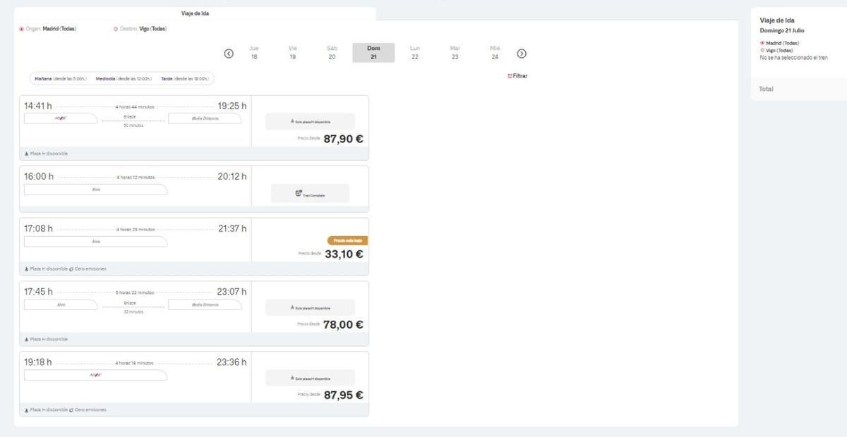 Billetes de tren disponibles entre Madrid y Vigo este domingo.