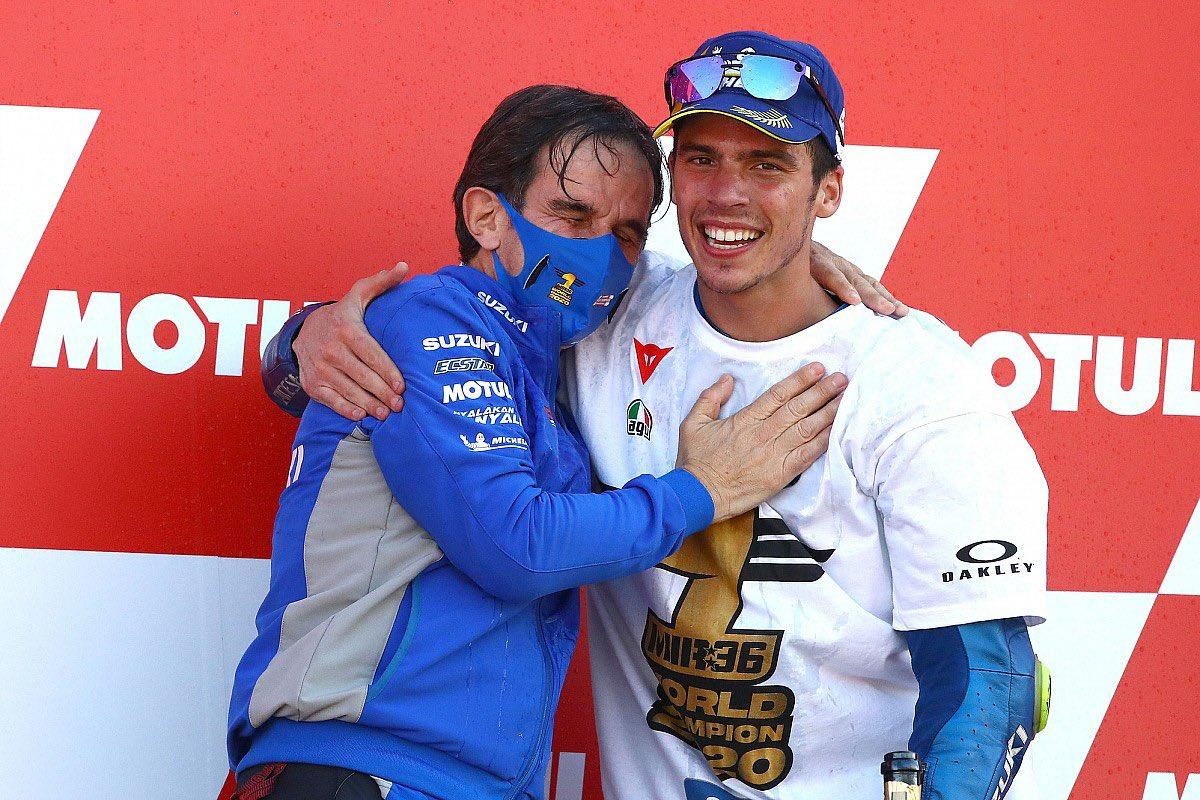 Davide Brivio celebrating Joan Mir's world title with Suzuki