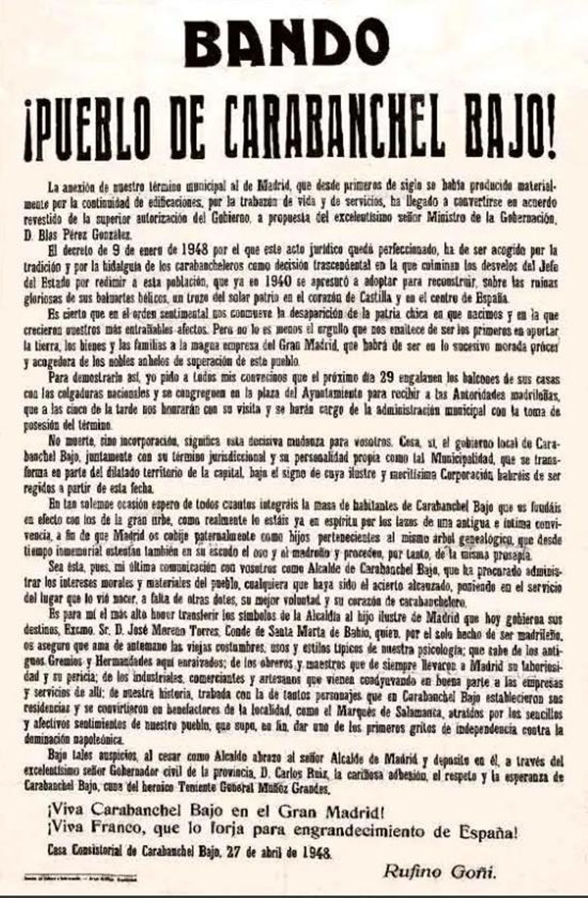 Bando que informaba de la unión de 'los Carabancheles' a Madrid