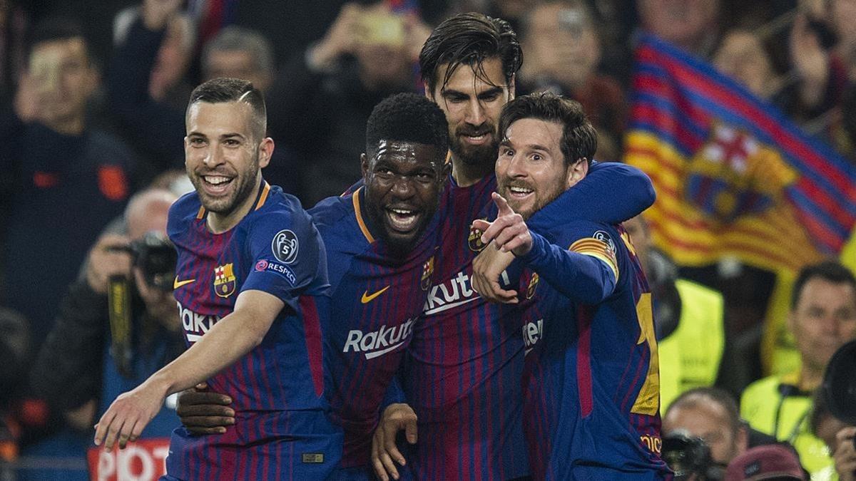 Alba, Umtiti, Gomes y Messi celebran el tercer gol del Barça al Chelsea, obra del argentino.