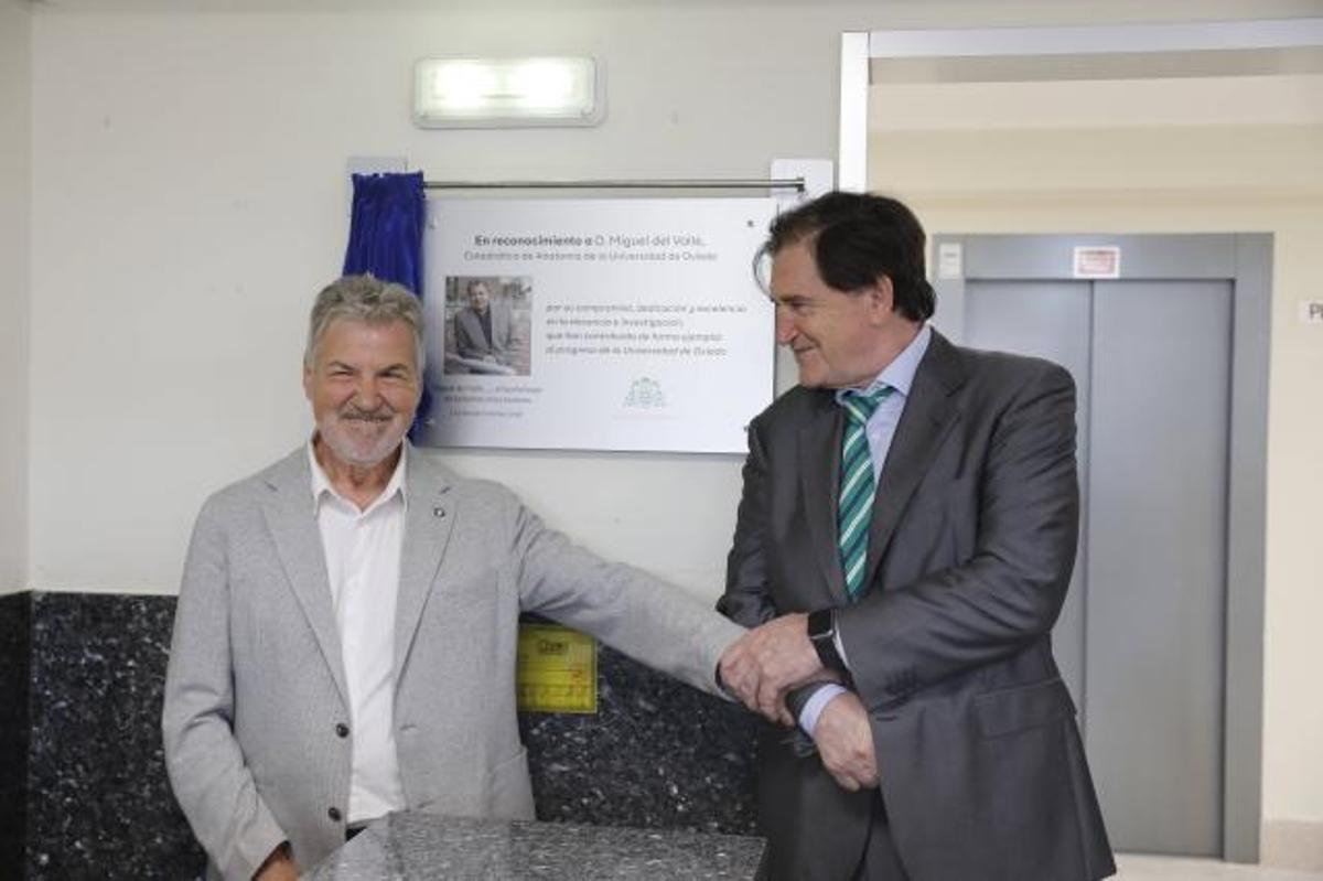 Gesto afectuoso entre Miguel del Valle y José Cecchini, ante la placa dedicada al catedrático de Anatomía en el edificio blanco del campus de los Catalanes.