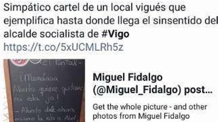 Fidalgo tuitea un cartel de chanza con el alcalde   |  El concejal popular Miguel Fidalgo tuiteó ayer el cartel de un local de Vigo que se burla del alcalde a cuenta de su pelea por Cíes en una supuesta conversación de una madre y un hijo caprichoso.