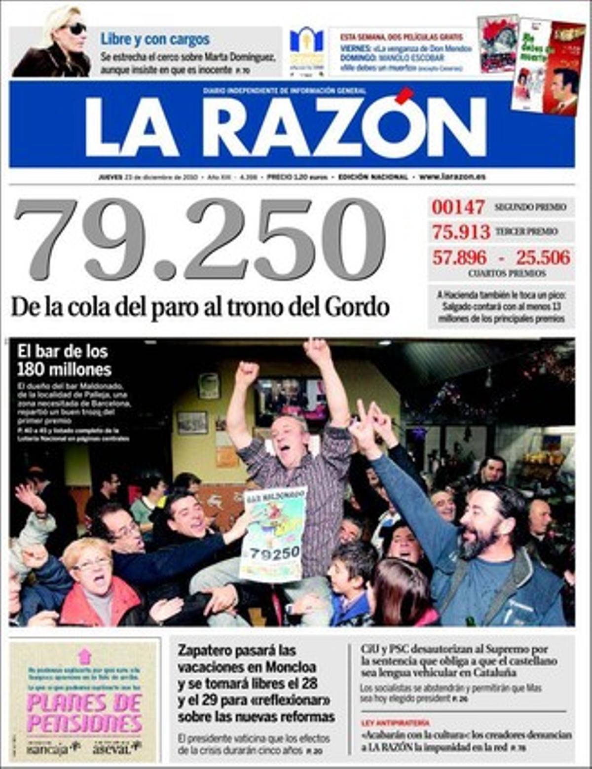 ’La Razón’ destaca a dins que des d’avui la Direcció General de Trànsit es podrà quedar el cotxe en casos d’accions greus contra la seguretat viària; que el jutge de pau d’Arroyo abusava de la nena obligada a prostituir-se al seu despatx, i que CiU i PSC segellen la sociovergència amb un pacte per investir a Mas.