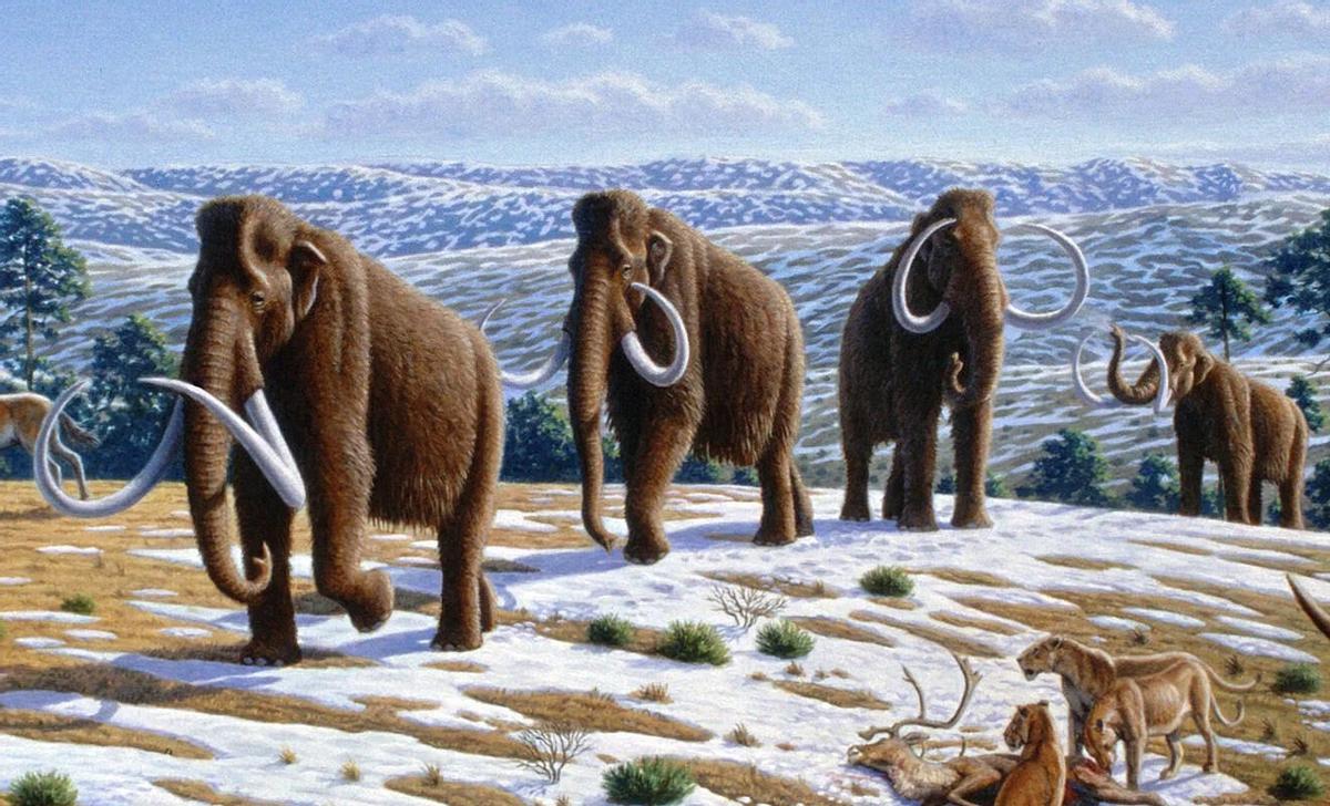 Recreación de una manada de mamuts en la última Edad de Hielo