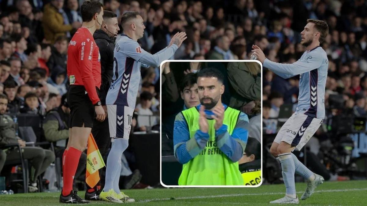 Carvajal aplaudiendo en el momento en el que Iago Aspas saltaba al terreno de juego en el Celta-Real Madrid