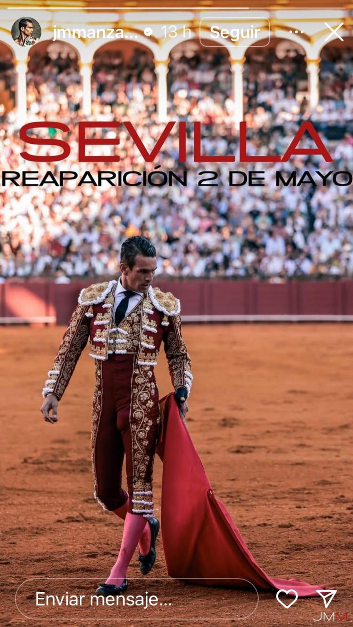 El torero alicantino ha anunciado su vuelta en su perfil de Instagram