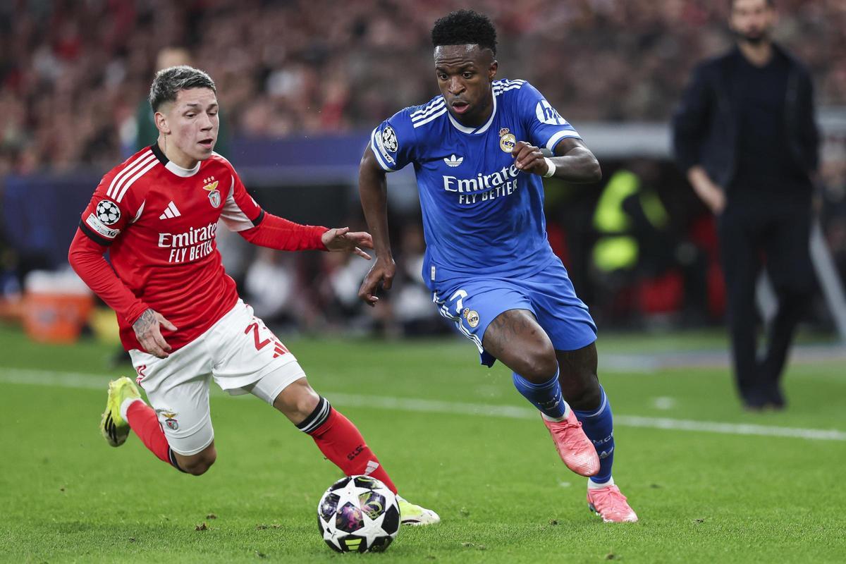 Gianluca Prestianni (SL Benfica) y Vinícius Júnior (Real Madrid CF), en la Champions.