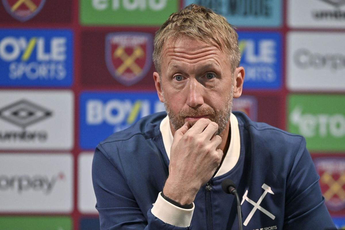 LONDON (United Kingdom), 23/08/2025.- Graham Potter manger of West Ham United attends a press conference after the English Premier League soccer match between West Ham United vs Chelsea FC, in London, Britain, 22 August 2025. (Reino Unido, Londres) EFE/EPA/VINCE MIGNOTT EDITORIAL USE ONLY. No use with unauthorized audio, video, data, fixture lists, club/league logos, 'live' services or NFTs. Online in-match use limited to 120 images, no video emulation. No use in betting, games or single club/league/player publications
