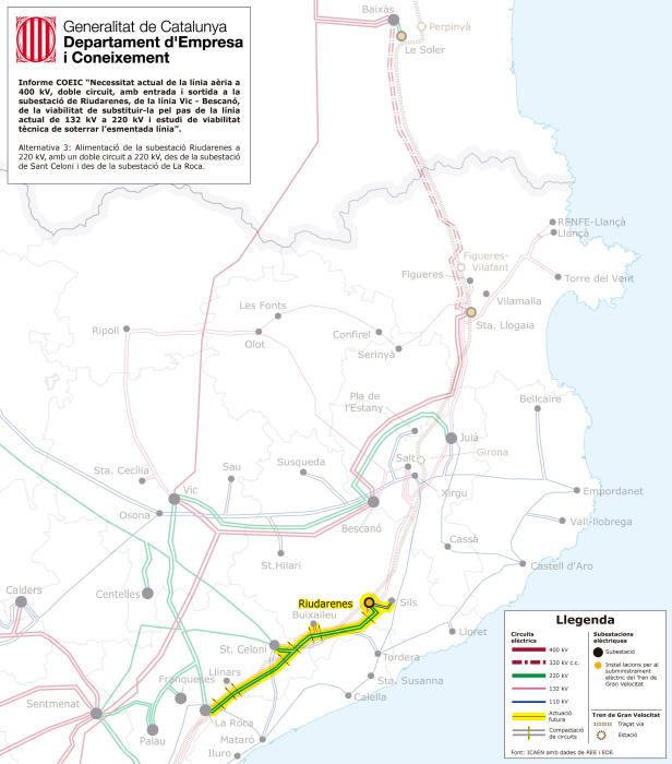 Mapa de l'alternativa 3, que proposa alimentar la subestació de Riudarenes amb línies de 220 kV de línies procedents de les subestacions de Sant Celoni i la Roca.