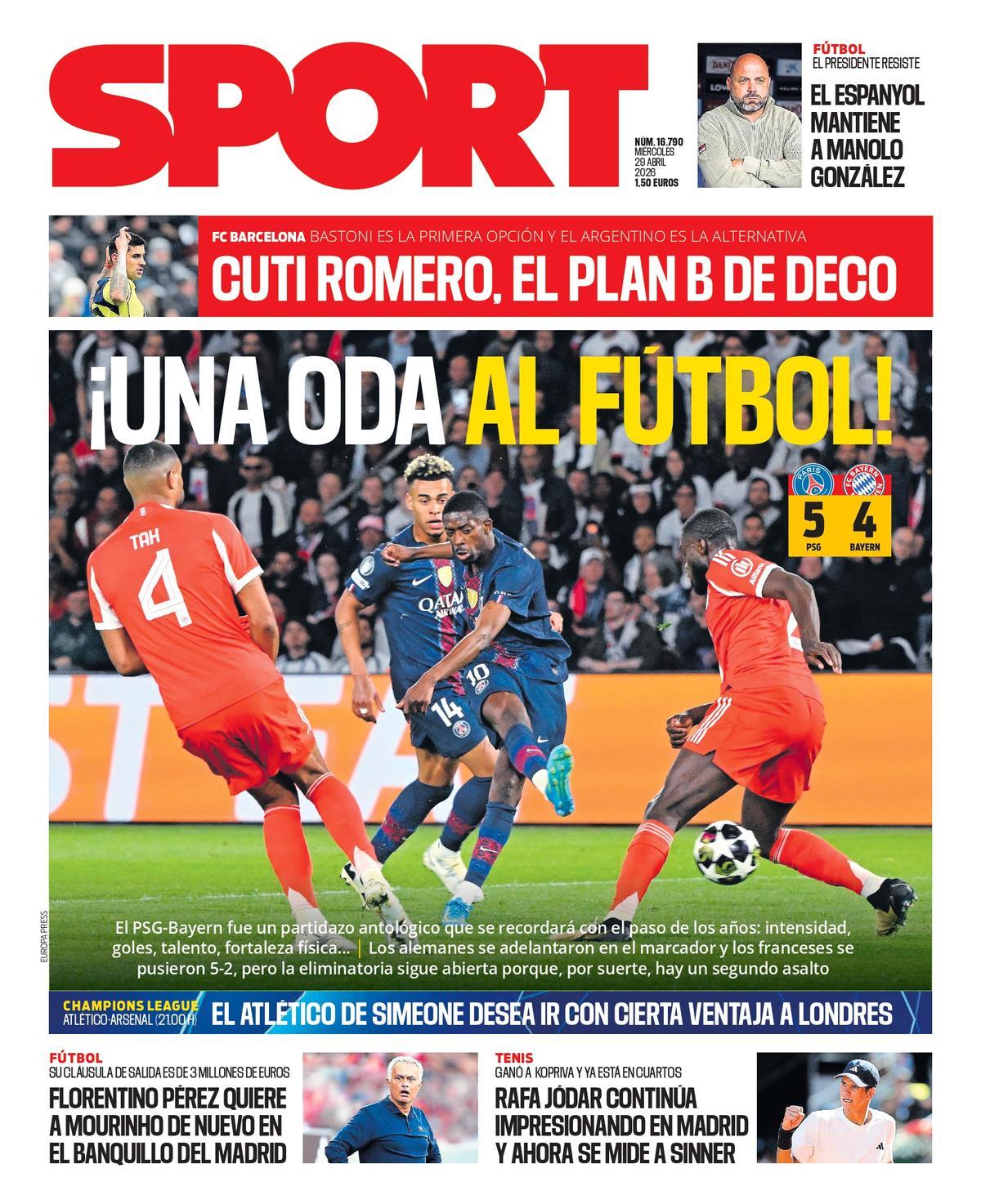 Esta es la portada de SPORT de hoy miércoles, 29 de abril de 2026