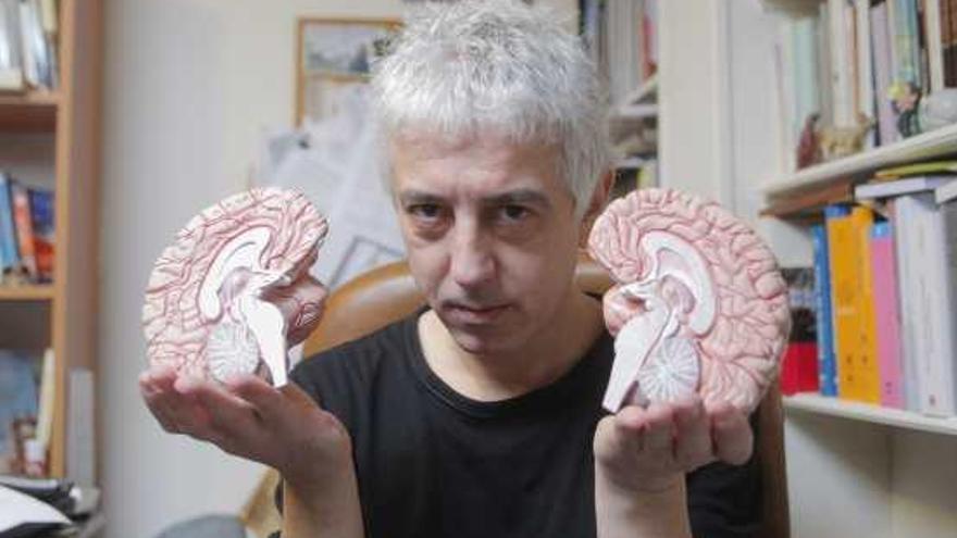 El experto en neurofisiología Xurxo Mariño, con la maqueta de un cerebro.