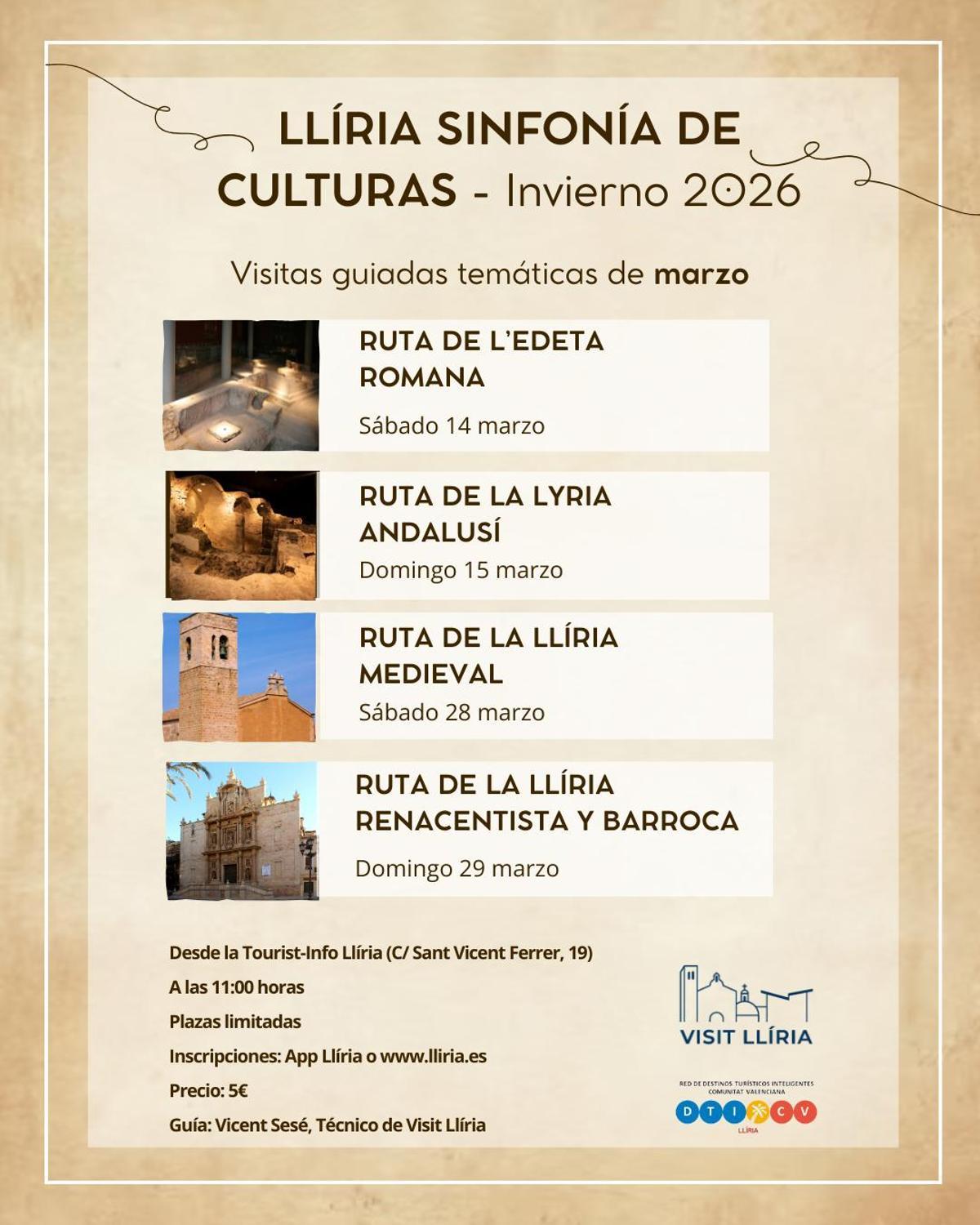 Las visitas guiadas temática que ofrece el Ayuntamiento de Llíria para el mes de marzo.