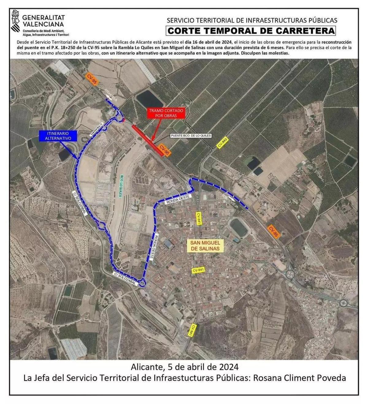 Mapa con el recorrido alternativo por las obras en la CV-95 por la avenida Solozábal del SUS-A invernaderos y la ronda oeste