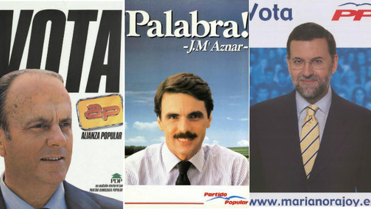 Tres de los carteles electorales del PP desde los comicios generales de 1982