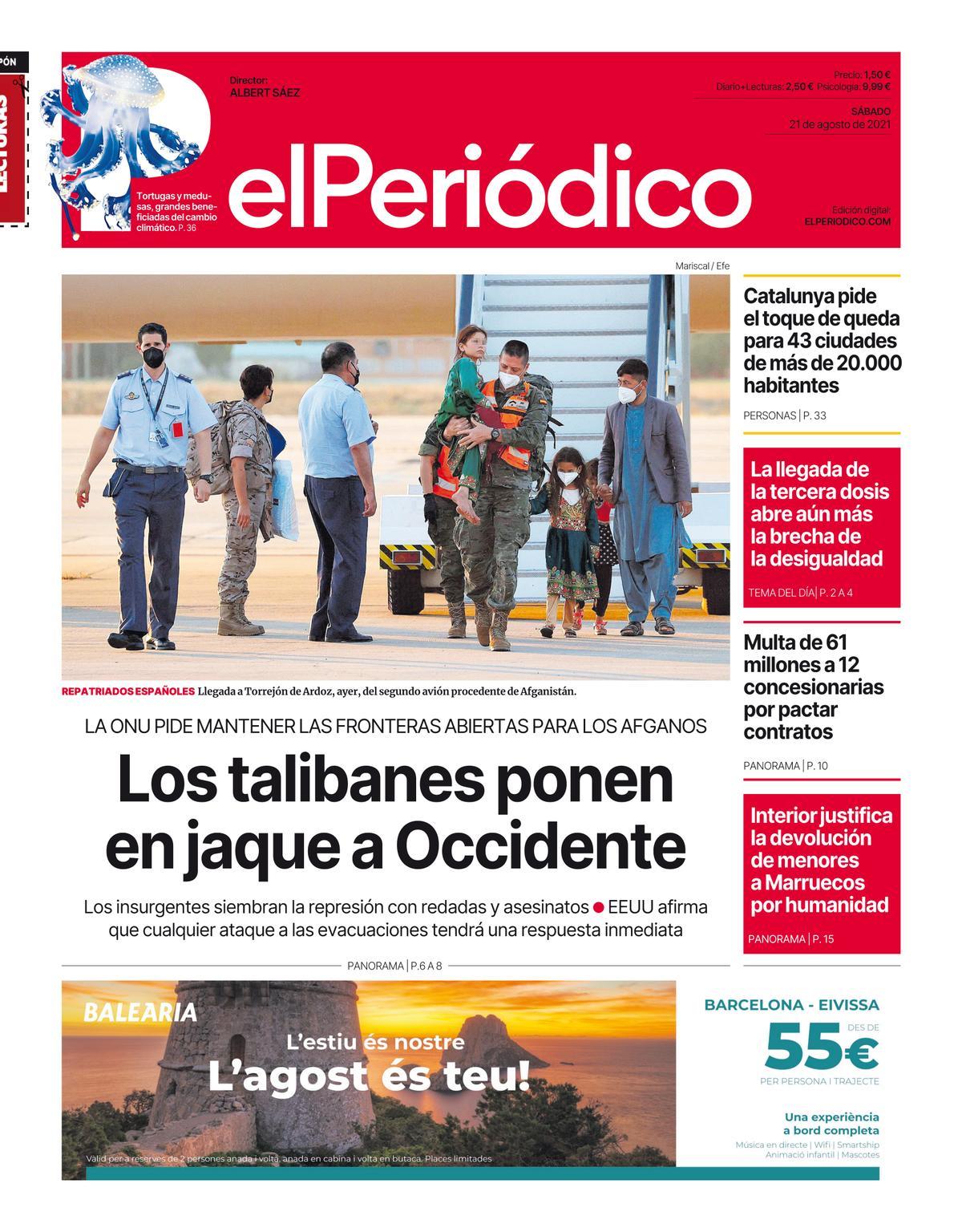 La portada d’EL PERIÓDICO del 21 d’agost del 2021