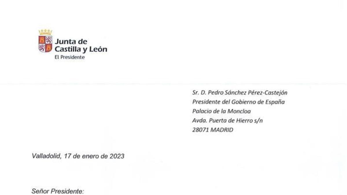 Carta remitida por Fernández Mañueco a Pedro Sánchez