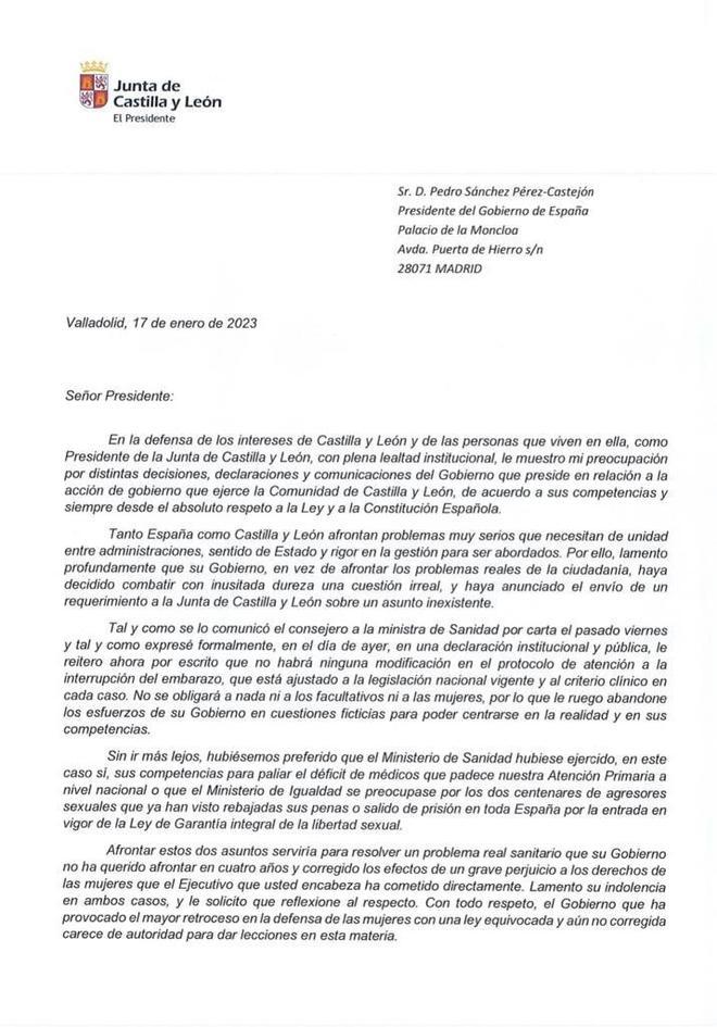 Mañueco aclareix per carta a Sánchez que «no hi haurà cap modificació en l’atenció a la interrupció de l’embaràs»