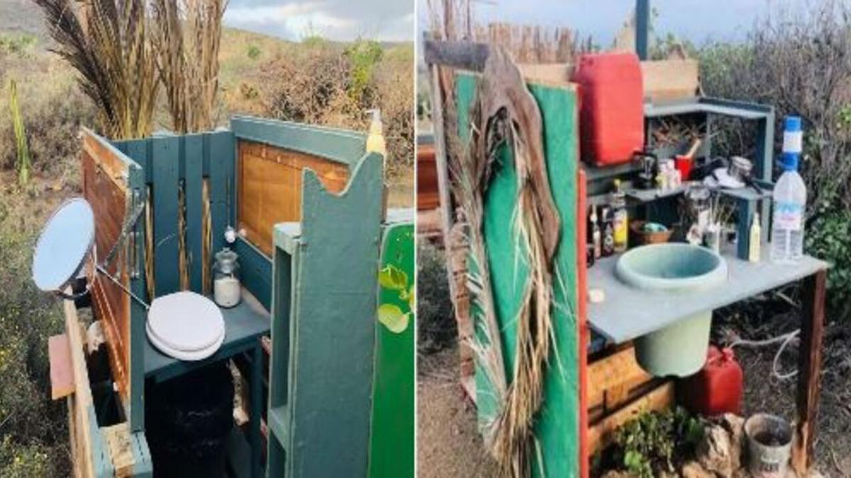 Baño y cocina de la polémica cabaña ecológica en el norte de Lanzarote.