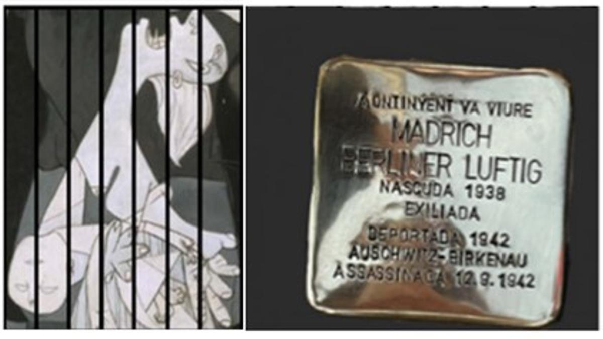 Auschwitz Plan. Painful Mater & Stolpersteine for Madrich (2025, Oświęcim, Poland). Fotocomposició. Detall del Guernica (1937) de Pablo Picasso i fotografia de l’Stolpersteine per a Madrich Berliner Luftig a la Vall d’Albaida.