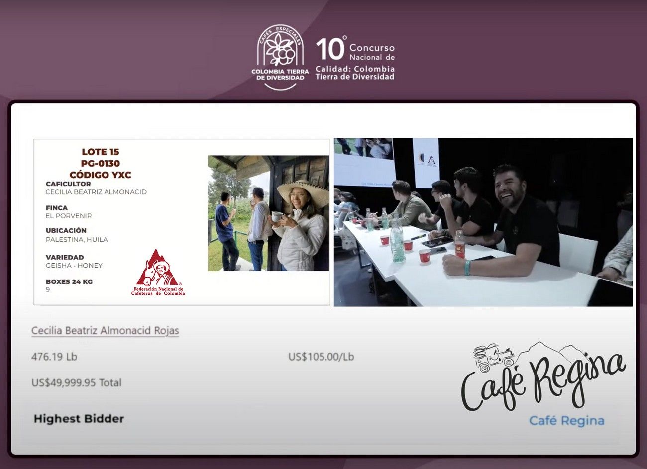 El Café Regina,  en la subasta de café de especialidad más importante del Colombia