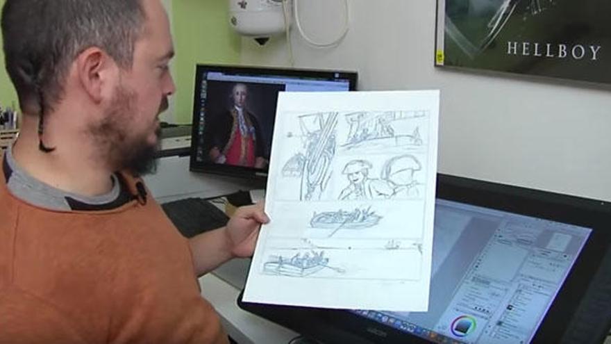 Daniel Torrado, en su casa de Barcelona, con una de las ilustraciones del cómic y al fondo, el famoso cuadro de Bernardo de Gálvez.