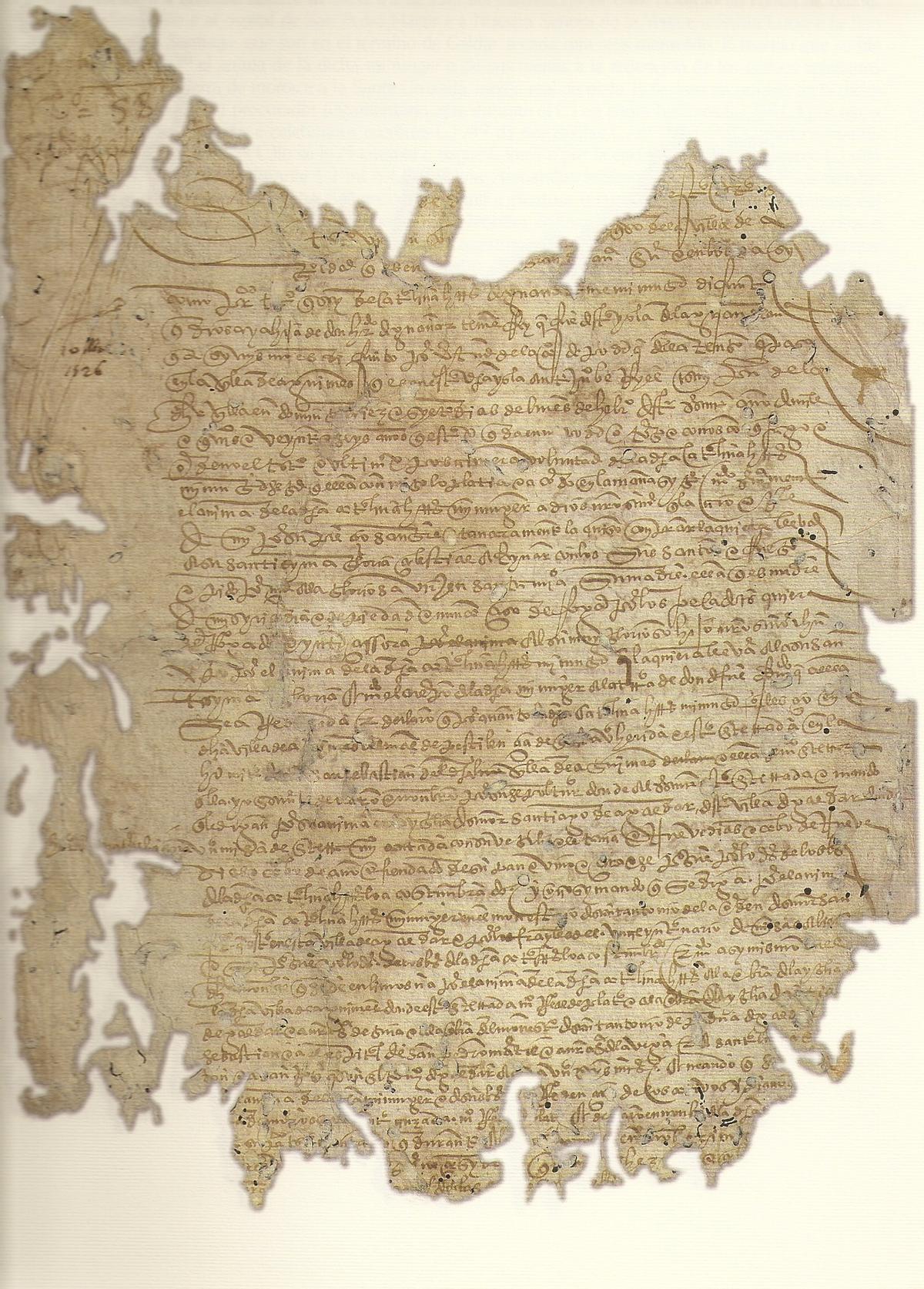 Testamento de Catalina Hernández, fechado en 10 de abril de 1526, exhumado por Manuel Lobo Cabrera en el Archivo Histórico Provincial de Las Palmas.