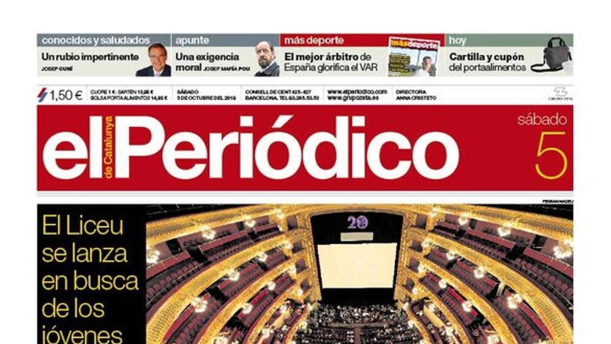 La portada de EL PERIÓDICO del 5 de octubre del 2019