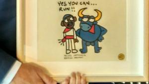 El dibujo de Mikel Urmeneta, con Barack Obama vestido de mozo pamplonica ante el toro Testis.