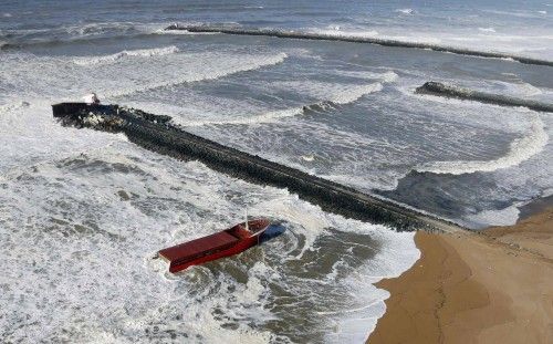Aerial view of Spanish cargo ship carrying fertiliser broken in two, in Anglet