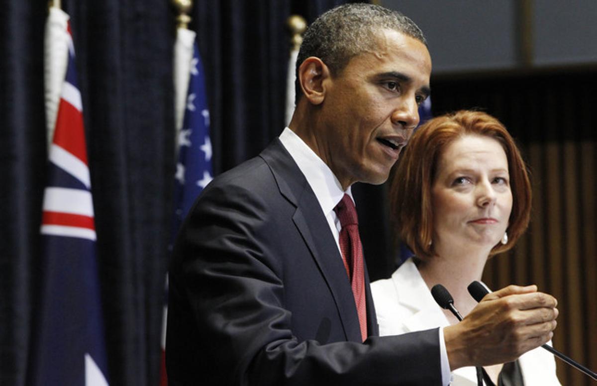 Barack Obama, amb la primera ministra d’Austràlia, Julia Gillard, aquest dimecres a Canberra, durant una roda de premsa conjunta.