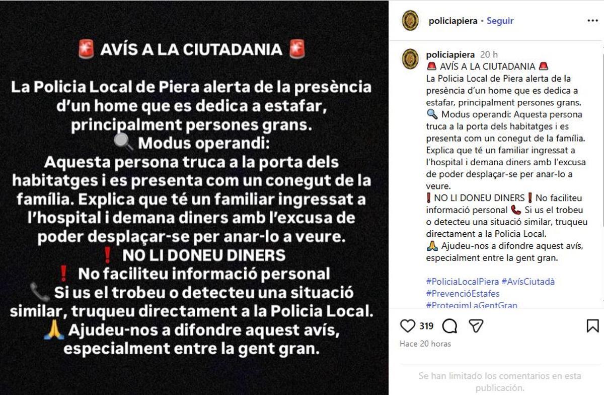 L'avís a xarxes socials de la Policia Local de Piera
