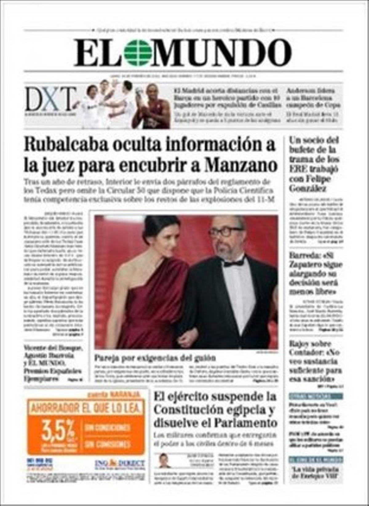 ’El Mundo’ també destaca que Rajoy s’oposa a la nacionalització de les entitats financeres; que un soci del bufet sevillà dels ERO és un històric del despatx laboralista on va treballar Felipe González fa 40 anys, que el Congrés dels Diputats permetrà als militars afiliar-se a partits, que els obiolistes reclamen cares noves per al PSC, i que la Generalitat estudia que els universitaris perdin ajudes si repeteixen.