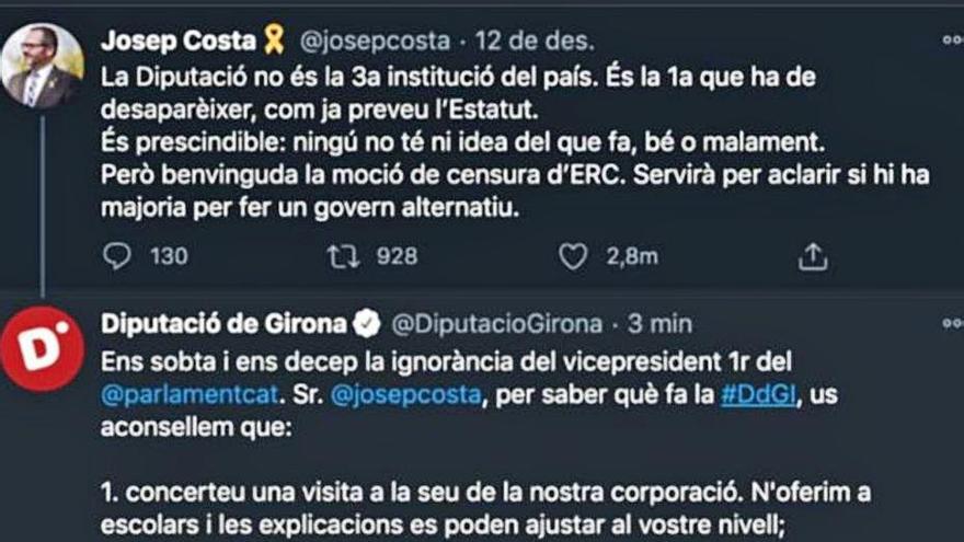 El tuit inicial de Josep Costa i la resposta de la Diputació