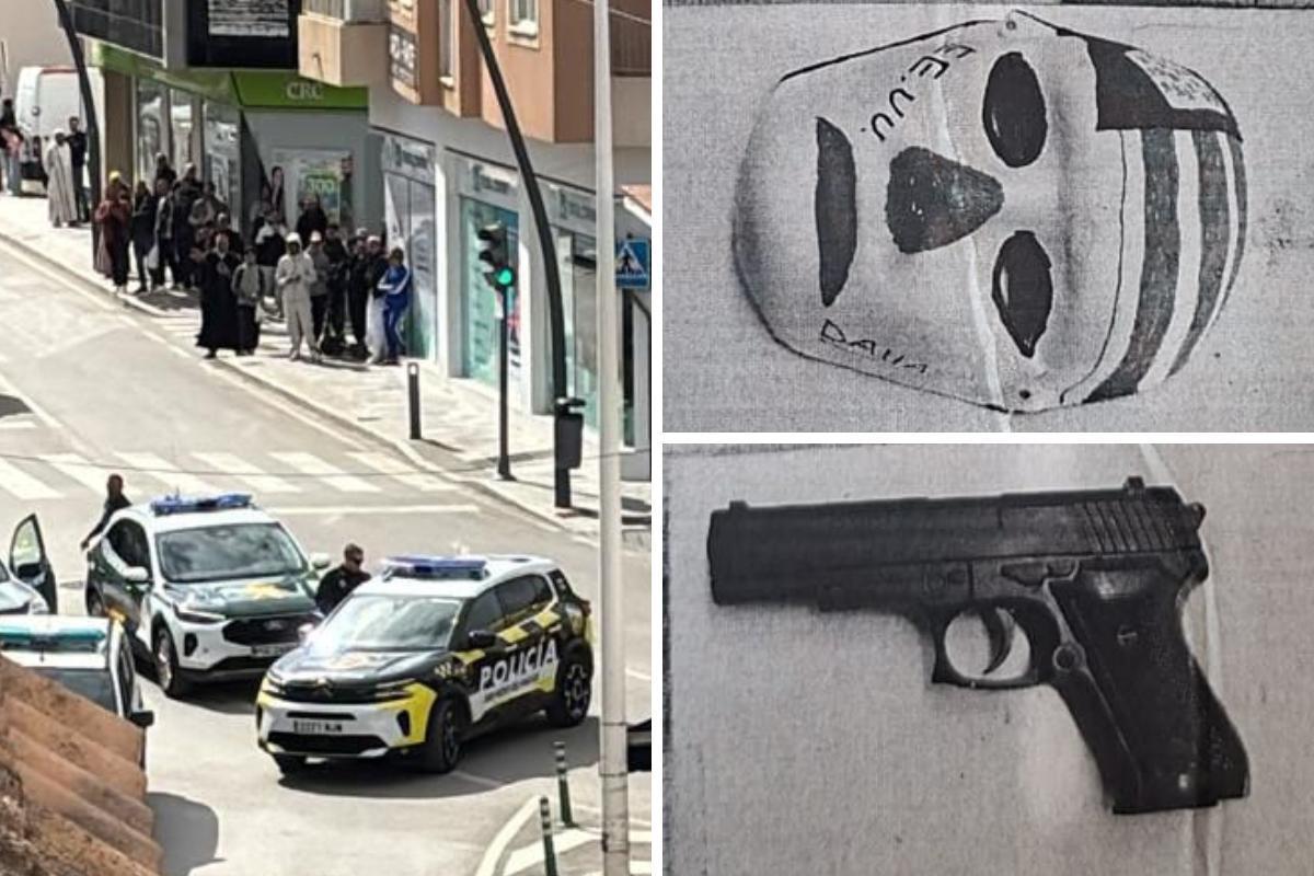 Viandantes observan a la Policía el día del atraco en San Pedro del Pinatar; a la derecha, la careta y la pistola requisada por la Guardia Civil.
