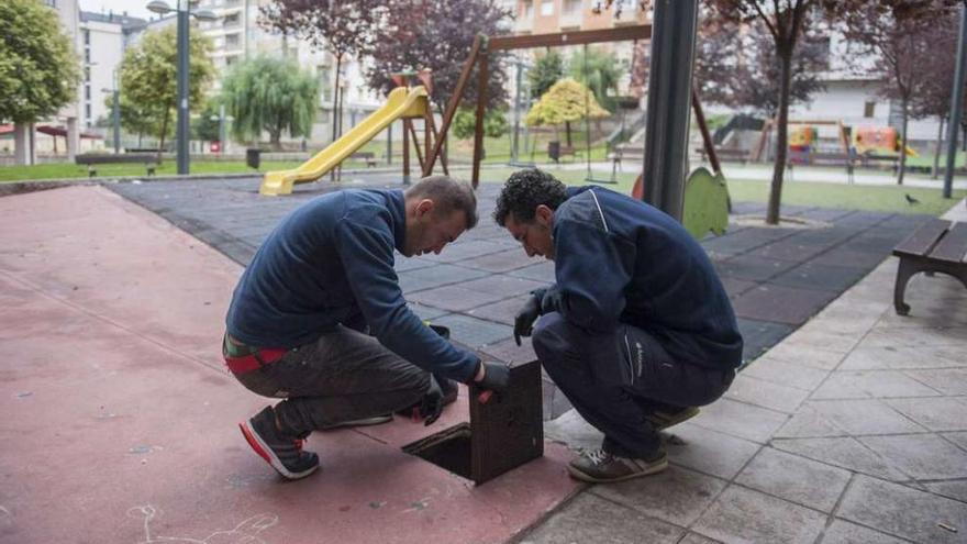 Los técnicos del servicio de desratización revisaron ayer las arquetas y registros del parque de A Ponte. // Brais Lorenzo