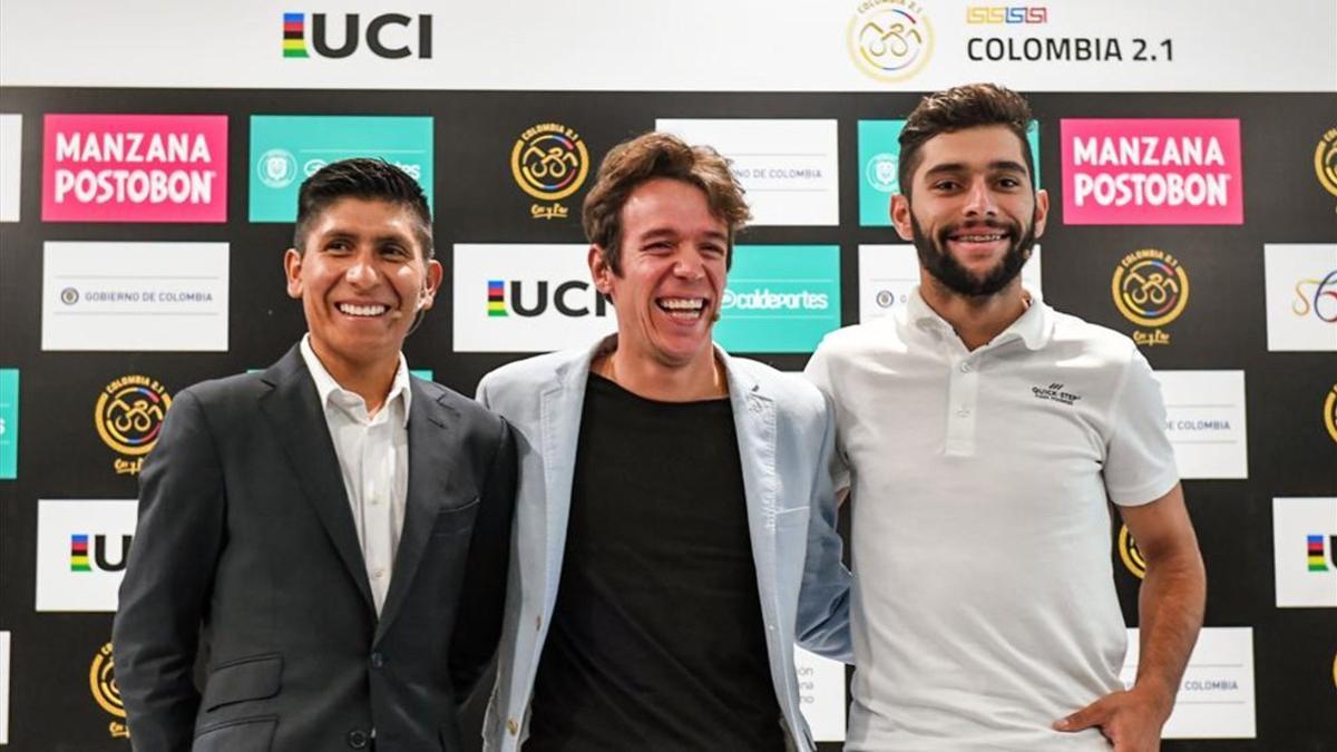 Nairo Quintana, junto a Rigoberto Urán y Fernando Gaviria en la presentación de Colombia Oro y Paz