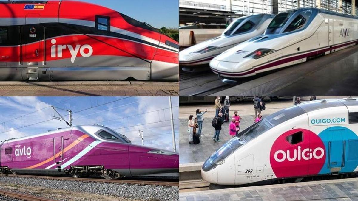 Trenes de las cuatro marcas que operan actualmente la alta velocidad en España.