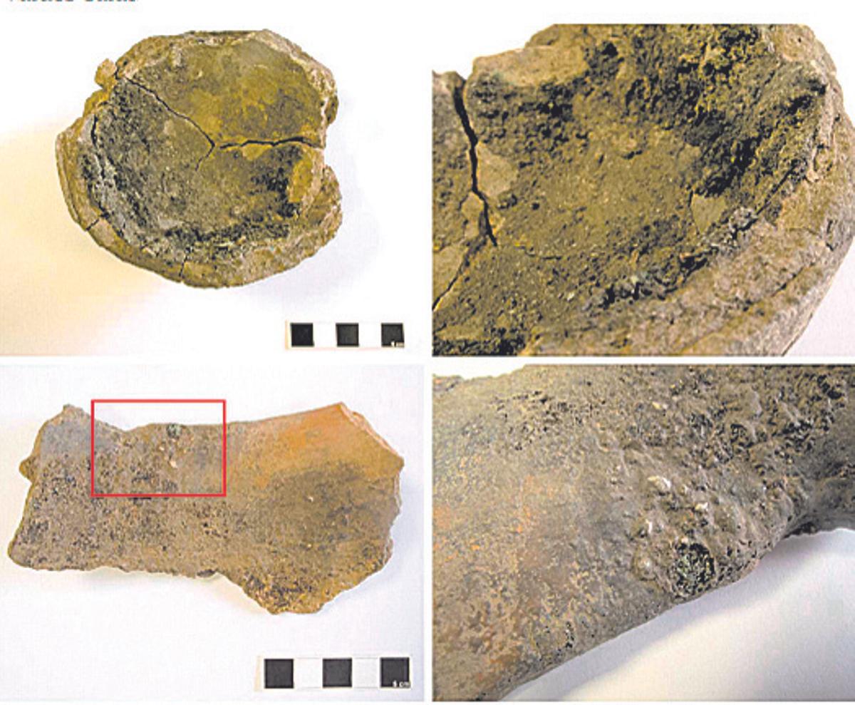 Fragmentos cerámicos hallados en la zona del Castro de Alava (Salas), con restos de cobre y salpicaduras de plata de la Edad de Hierro.