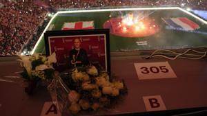 El pupitre de Grant Wahl en el estadio durante un partido del Mundial de Qatar