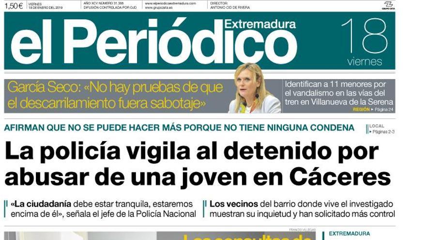 Esta es la portada de EL PERIÓDICO EXTREMADURA correspondiente al día 18 de enero del 2019